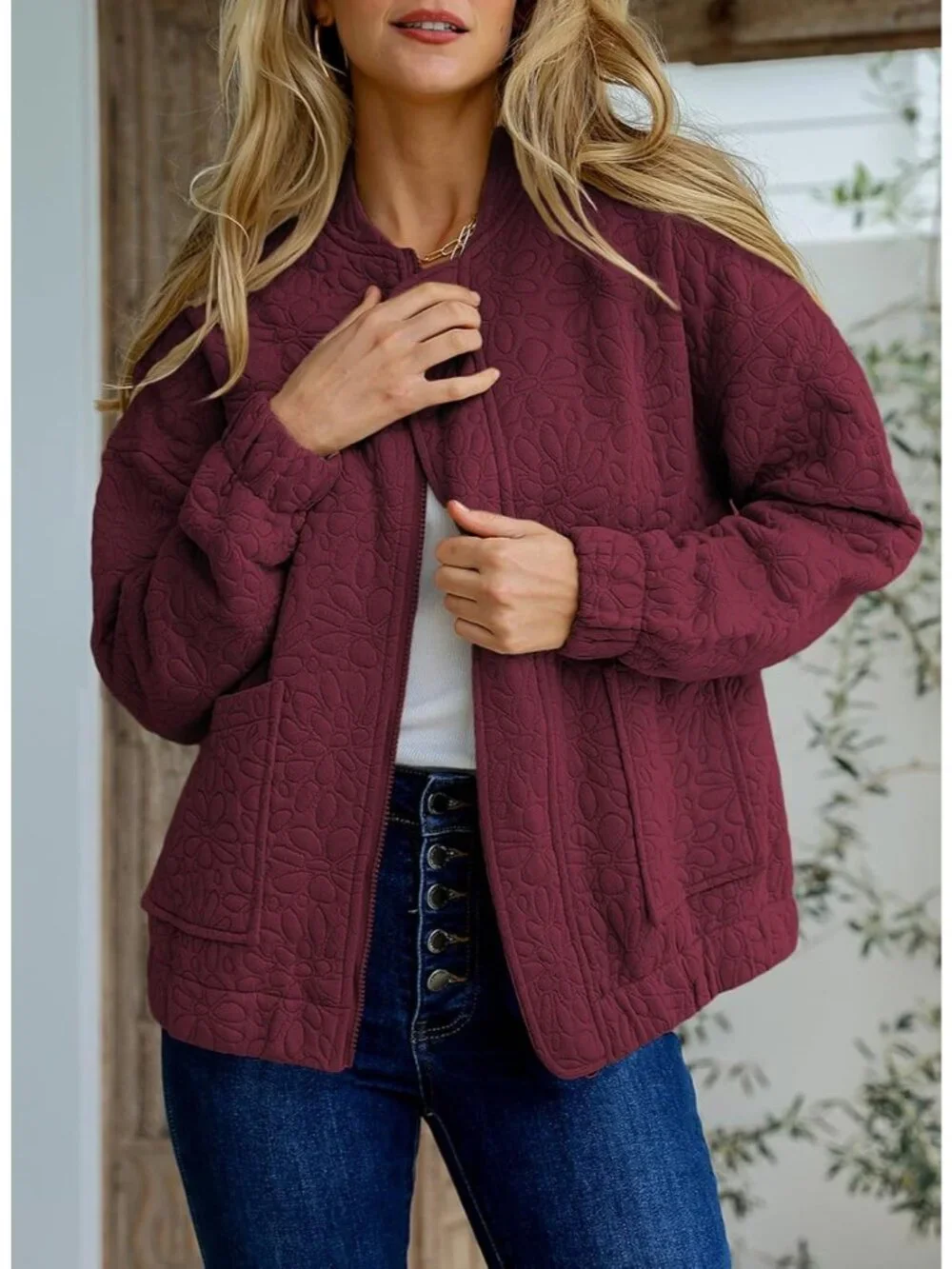Women's Burgundy Lightweight Stand Collar Long Sleeve Outerwear Bomber Jacket